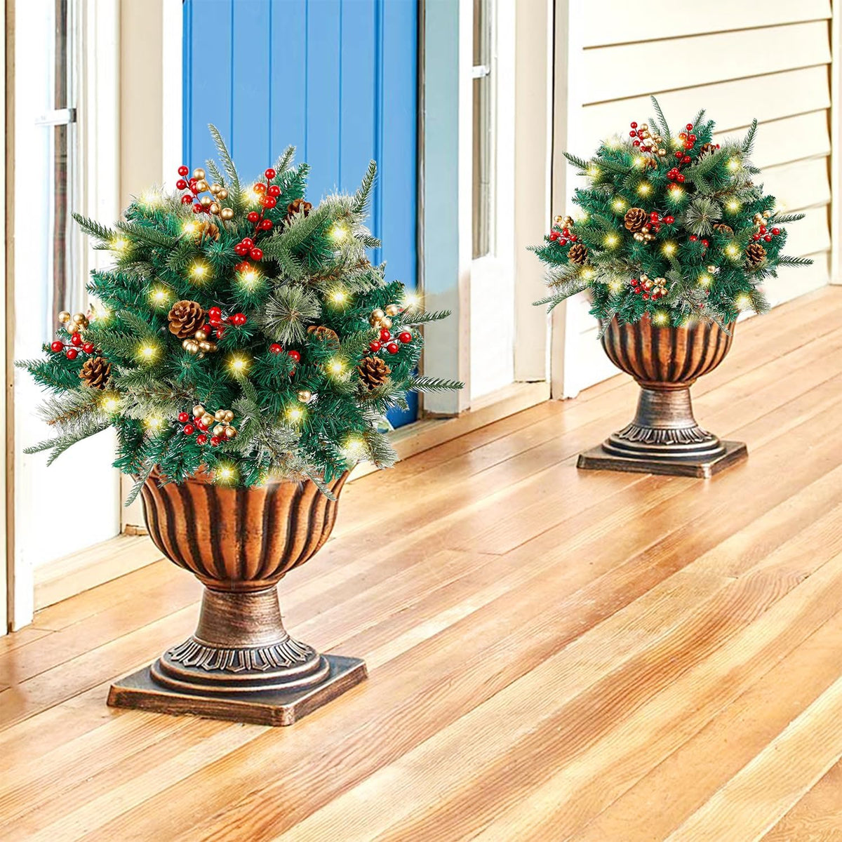 Yeouu | Christmas urn decoration with LED lights | Realistic pine branches & berries | Indoor and outdoor