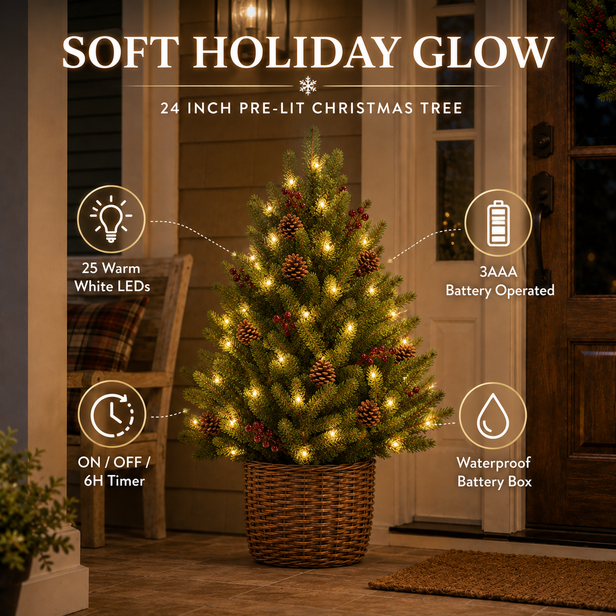 24-Inch Pre-Lit Christmas Tree with Woven Basket