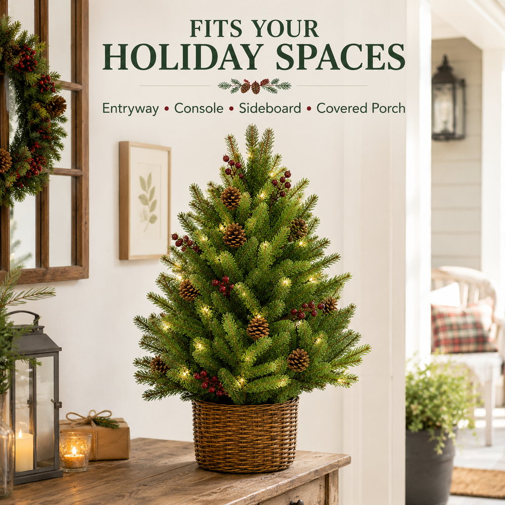 24-Inch Pre-Lit Christmas Tree with Woven Basket