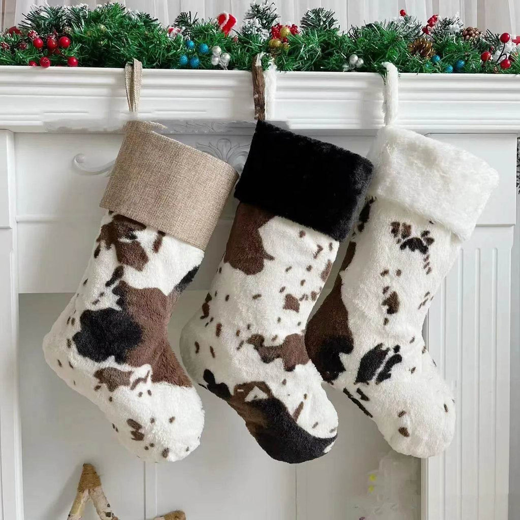 Yeouu | 20-inch Plush Christmas Stockings Cows Pattern Gift Bag