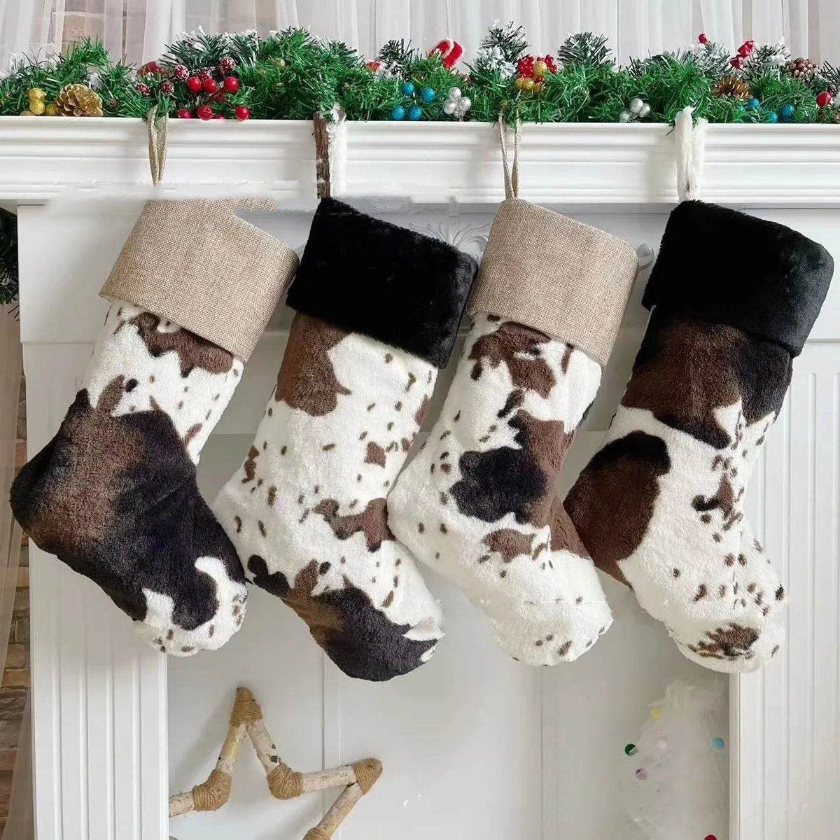 Yeouu | 20-inch Plush Christmas Stockings Cows Pattern Gift Bag
