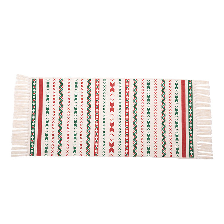 Flat-woven runner rug with Nordic Christmas pattern, tassels and cotton blend Yeouu