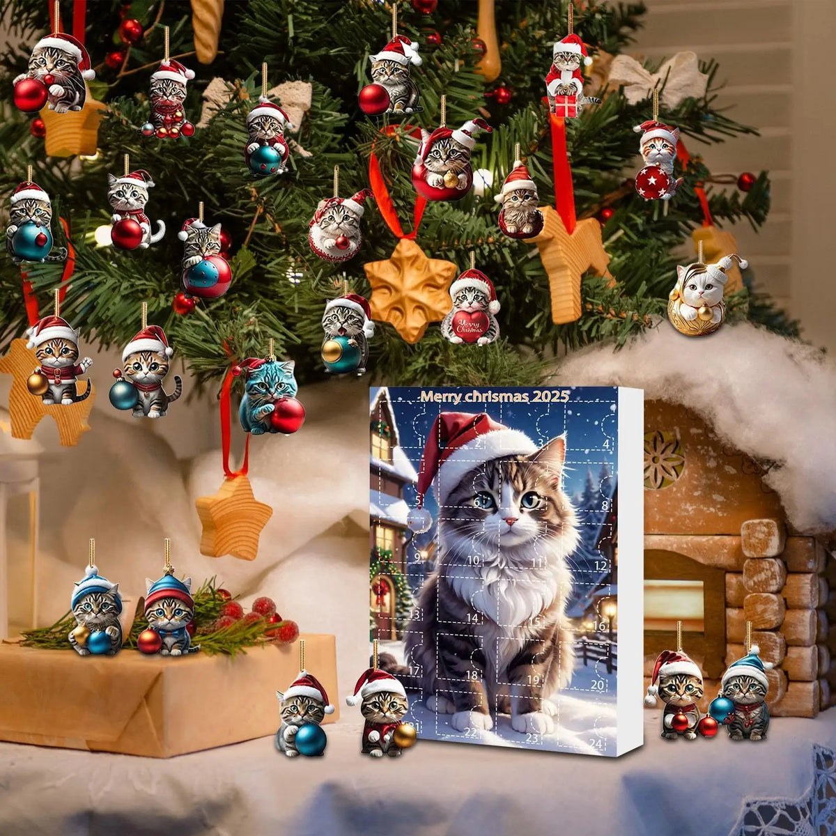 Yeouu | 24-piece Cat Christmas Ornaments Set of Durable Acrylic for Advent Calendar Decoration