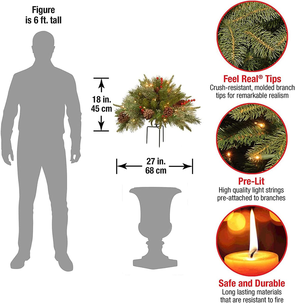 Yeouu | Christmas urn decoration with LED lights | Realistic pine branches & berries | Indoor and outdoor