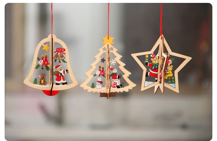 Yeouu | Christmas tree small pendant wooden five-pointed star bell pendant gift Christmas decoration wooden