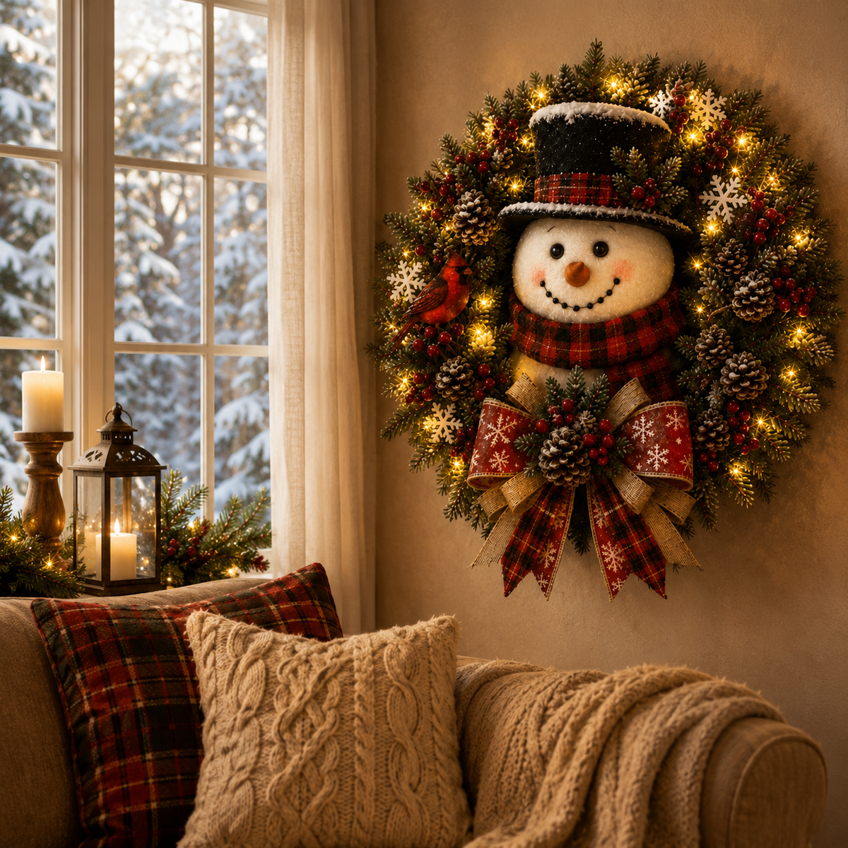 Snowman Lighted Christmas Wreath™ – Festive Holiday Door Decor