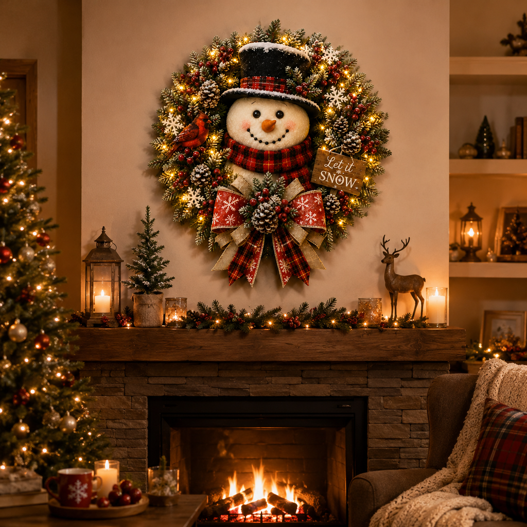 Snowman Lighted Christmas Wreath™ – Festive Holiday Door Decor