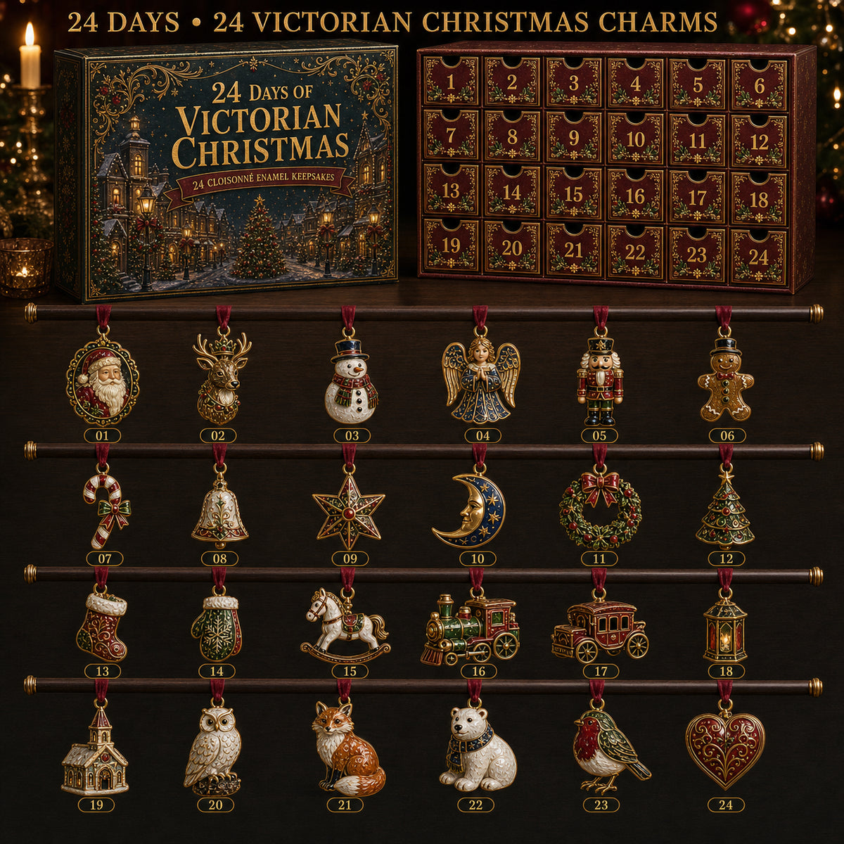 ✨24 Days of Victorian Christmas Advent Calendar – 24 Vintage Enamel-Inspired Holiday Ornaments