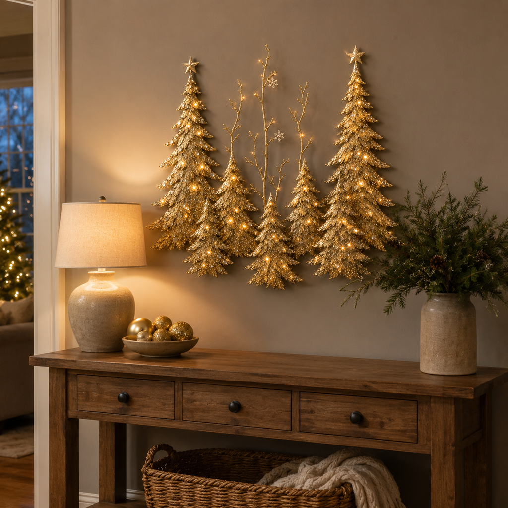 Golden Christmas Forest Illuminated Wall Sculpture