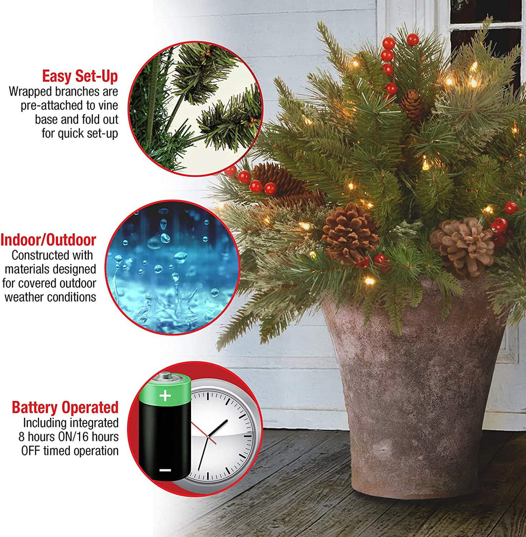 Yeouu | Christmas urn decoration with LED lights | Realistic pine branches & berries | Indoor and outdoor