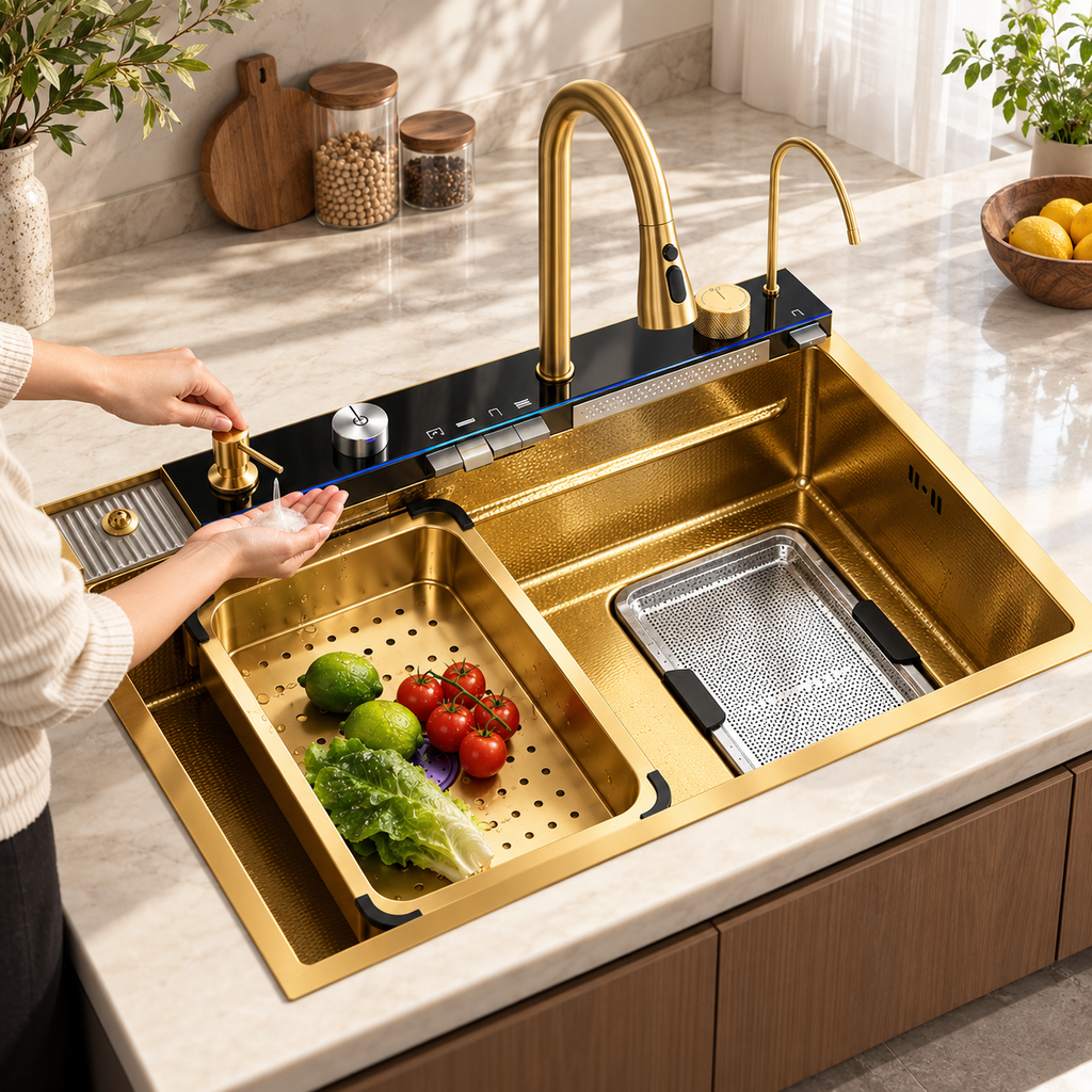 Golden Flow Waterfall Kitchen Workstation Sink