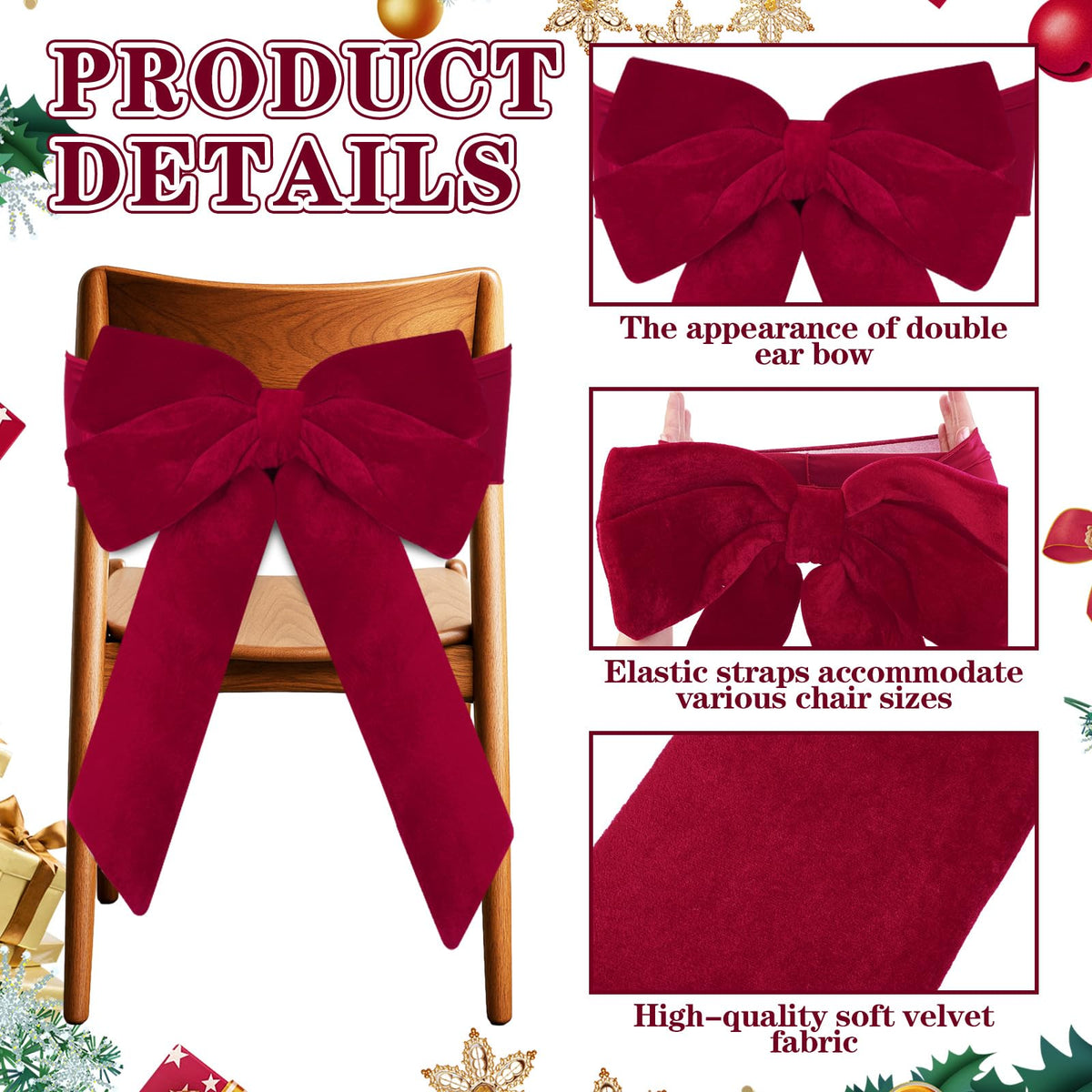 Set of 4 Christmas Velvet Chair Bows with Sashes