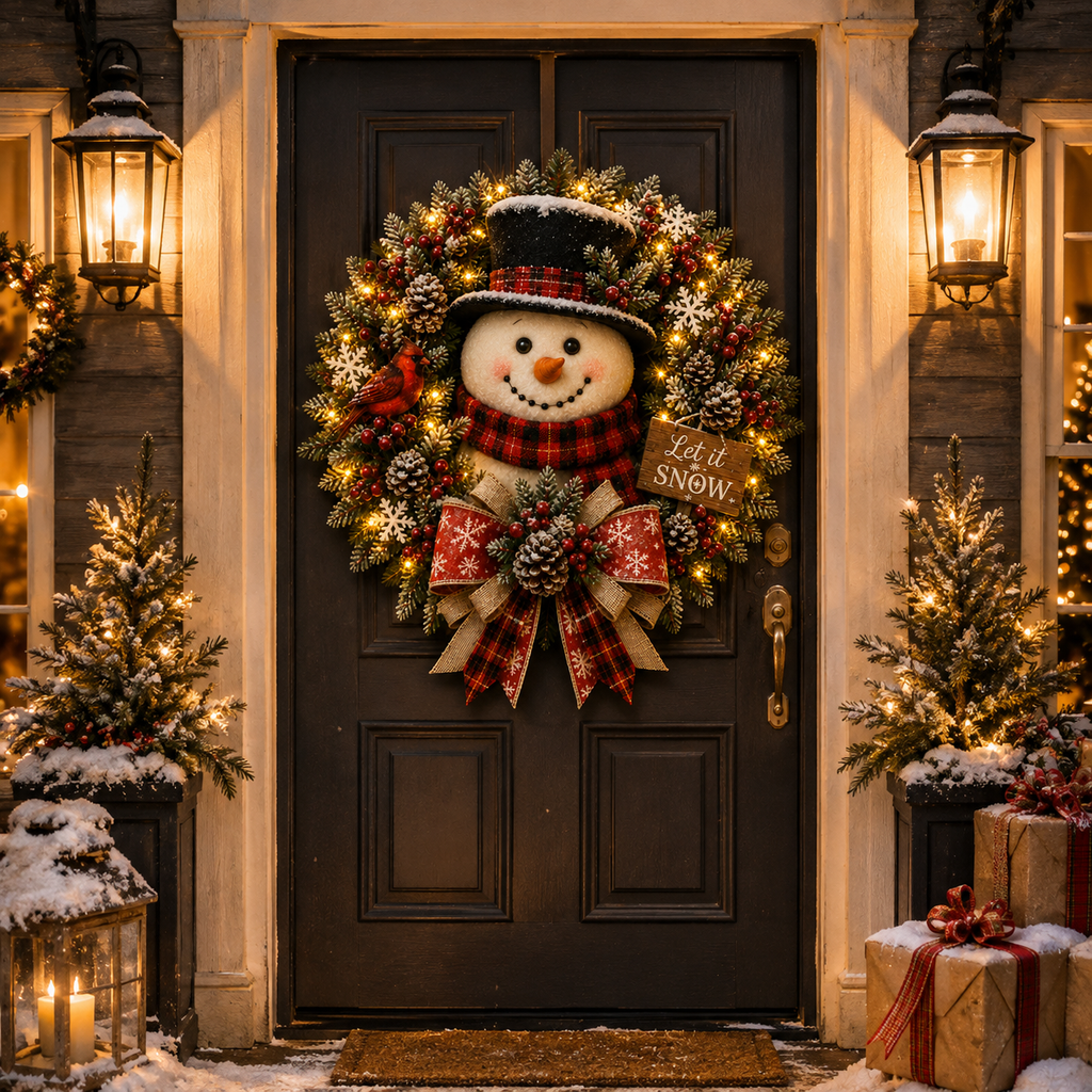 Snowman Lighted Christmas Wreath™ – Festive Holiday Door Decor