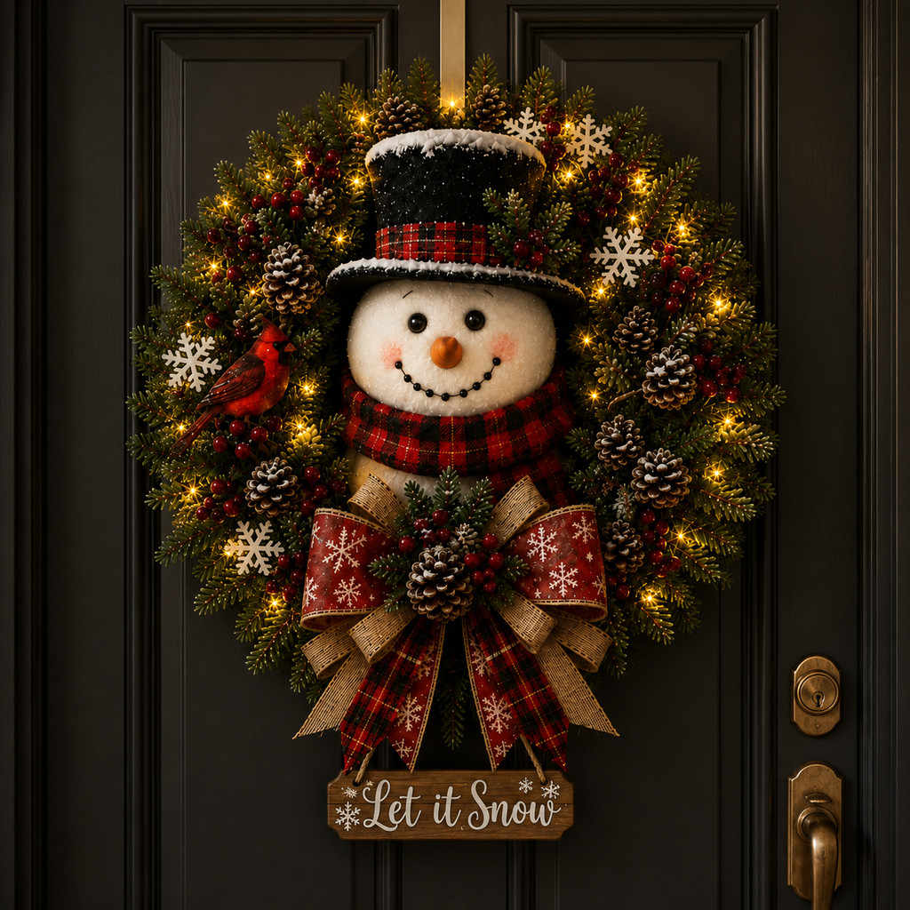 Snowman Lighted Christmas Wreath™ – Festive Holiday Door Decor