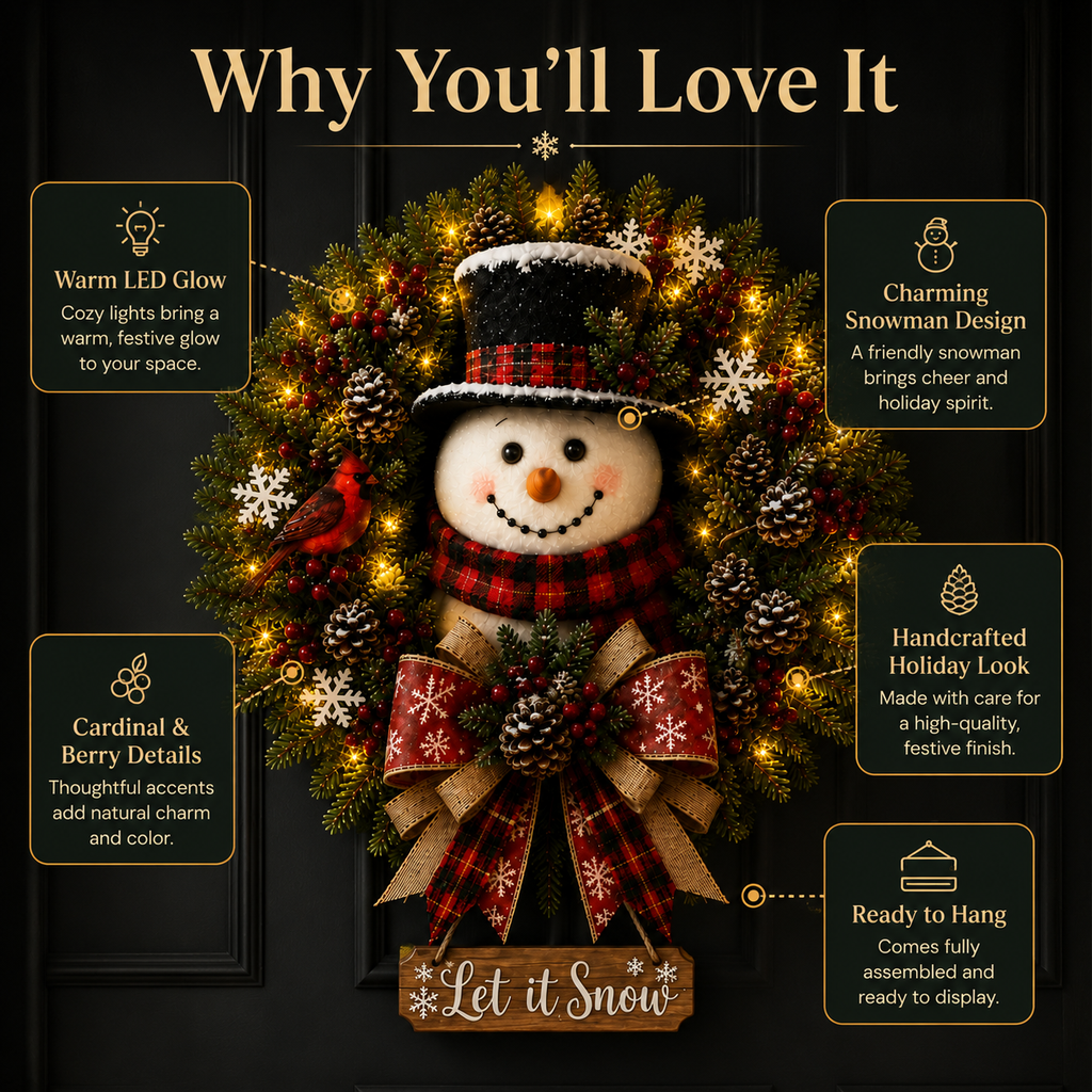 Snowman Lighted Christmas Wreath™ – Festive Holiday Door Decor