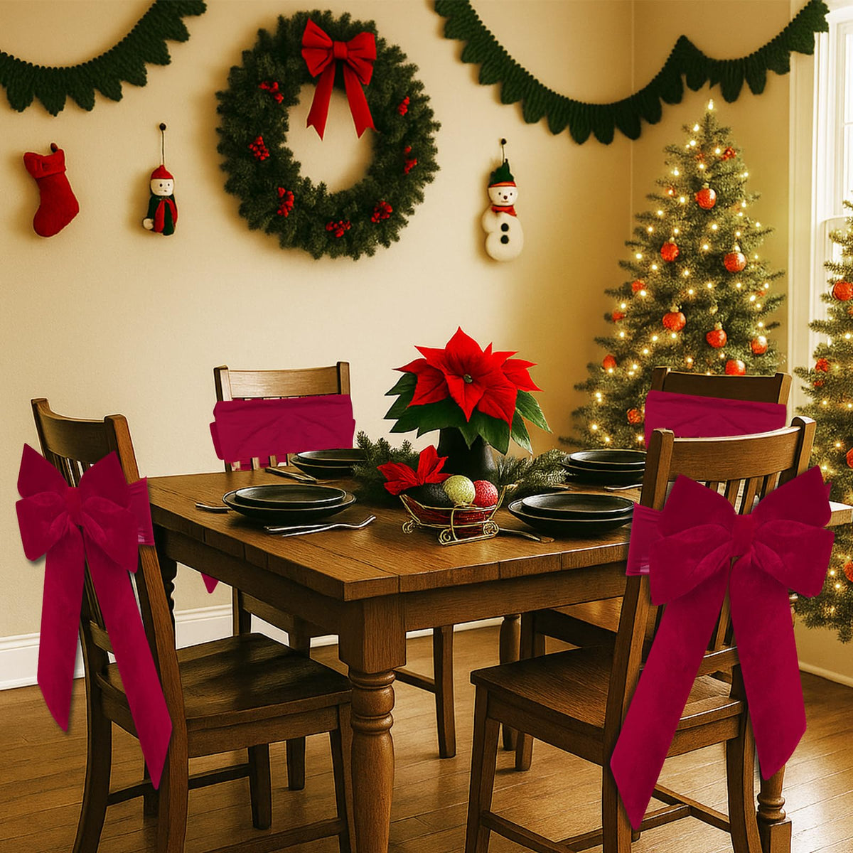 Set of 4 Christmas Velvet Chair Bows with Sashes