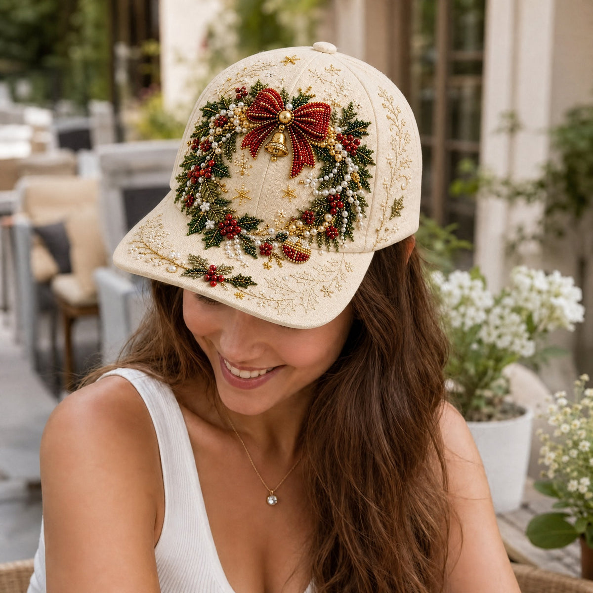 Premium Christmas Beaded Hat DIY Kit | Luxury Flocked Canvas with Scratch-Resistant Non-Fading Pearl Beads DIY Handmade Holiday Cap Decor