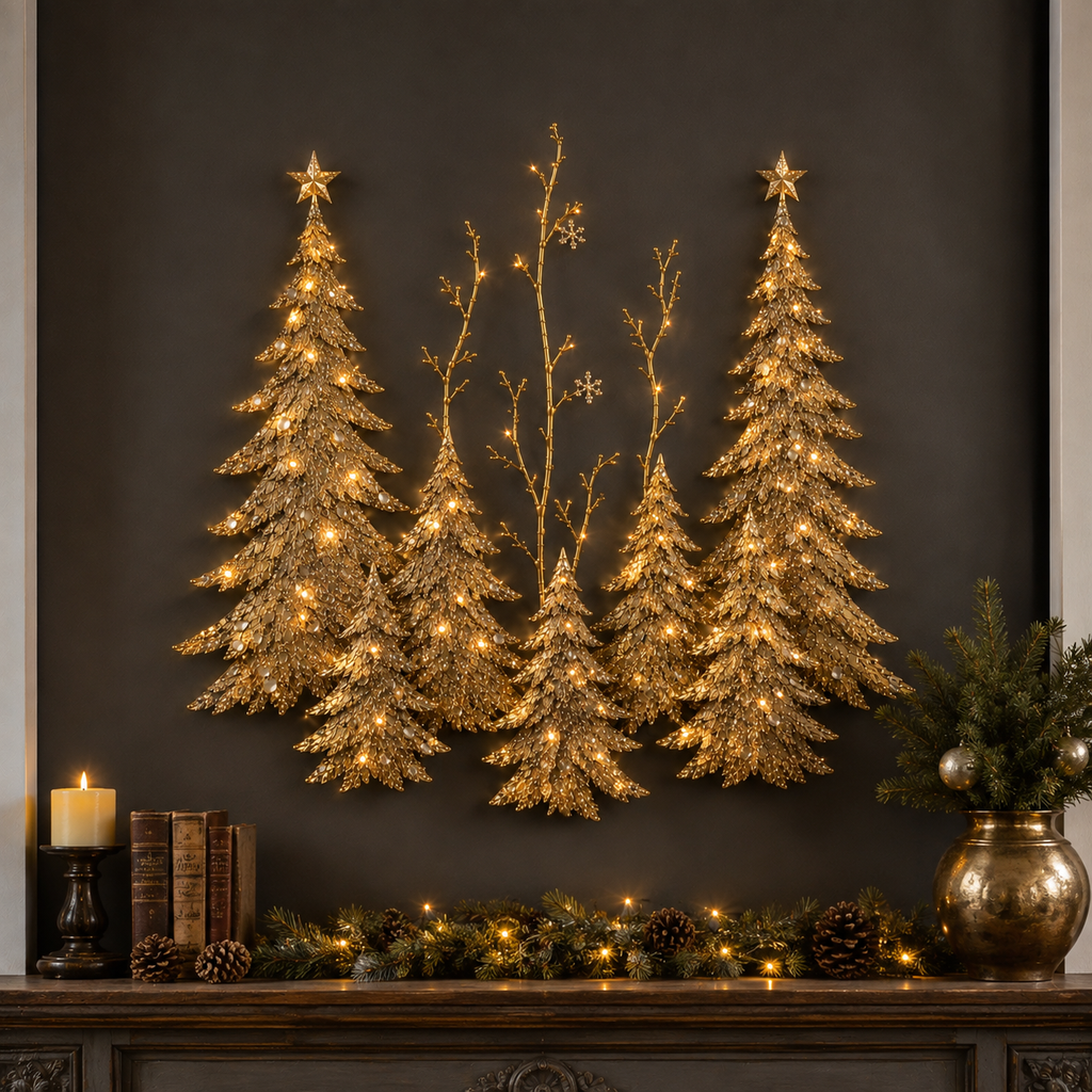 Golden Christmas Forest Illuminated Wall Sculpture