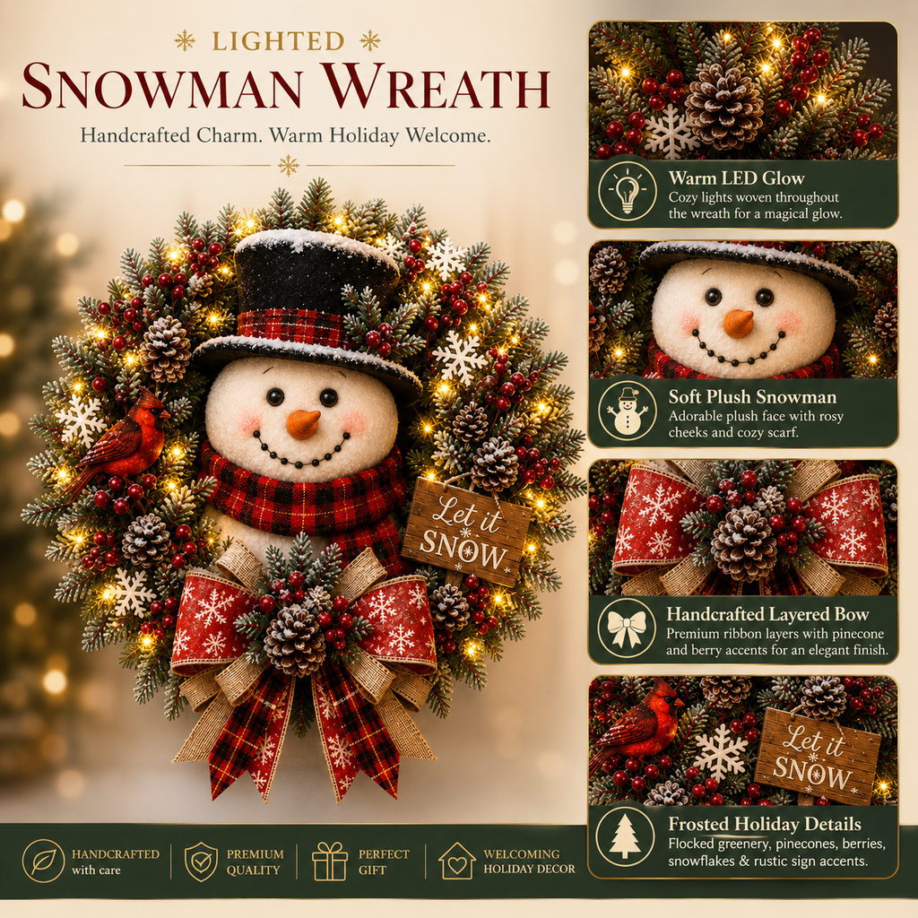 Snowman Lighted Christmas Wreath™ – Festive Holiday Door Decor