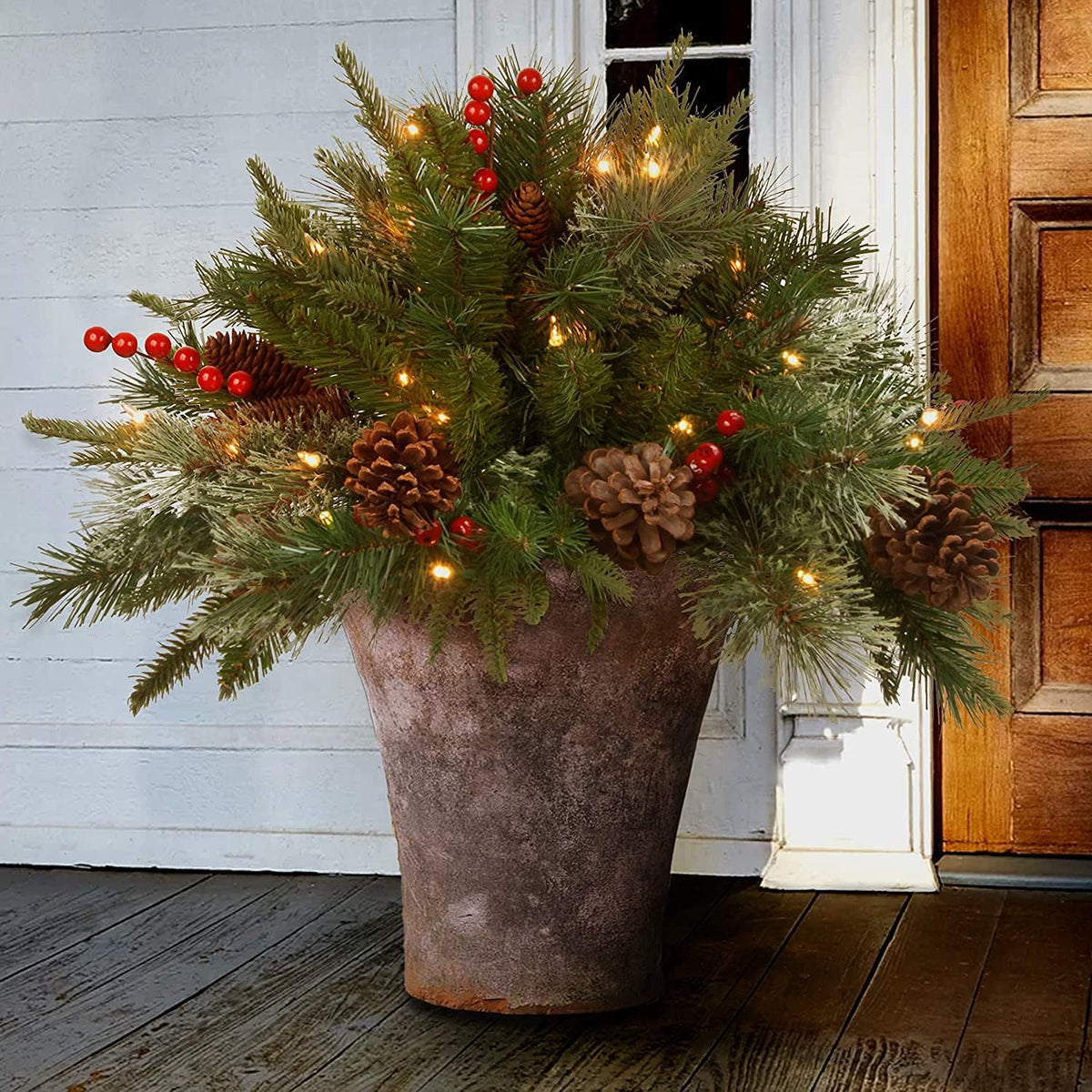 Yeouu | Christmas urn decoration with LED lights | Realistic pine branches & berries | Indoor and outdoor