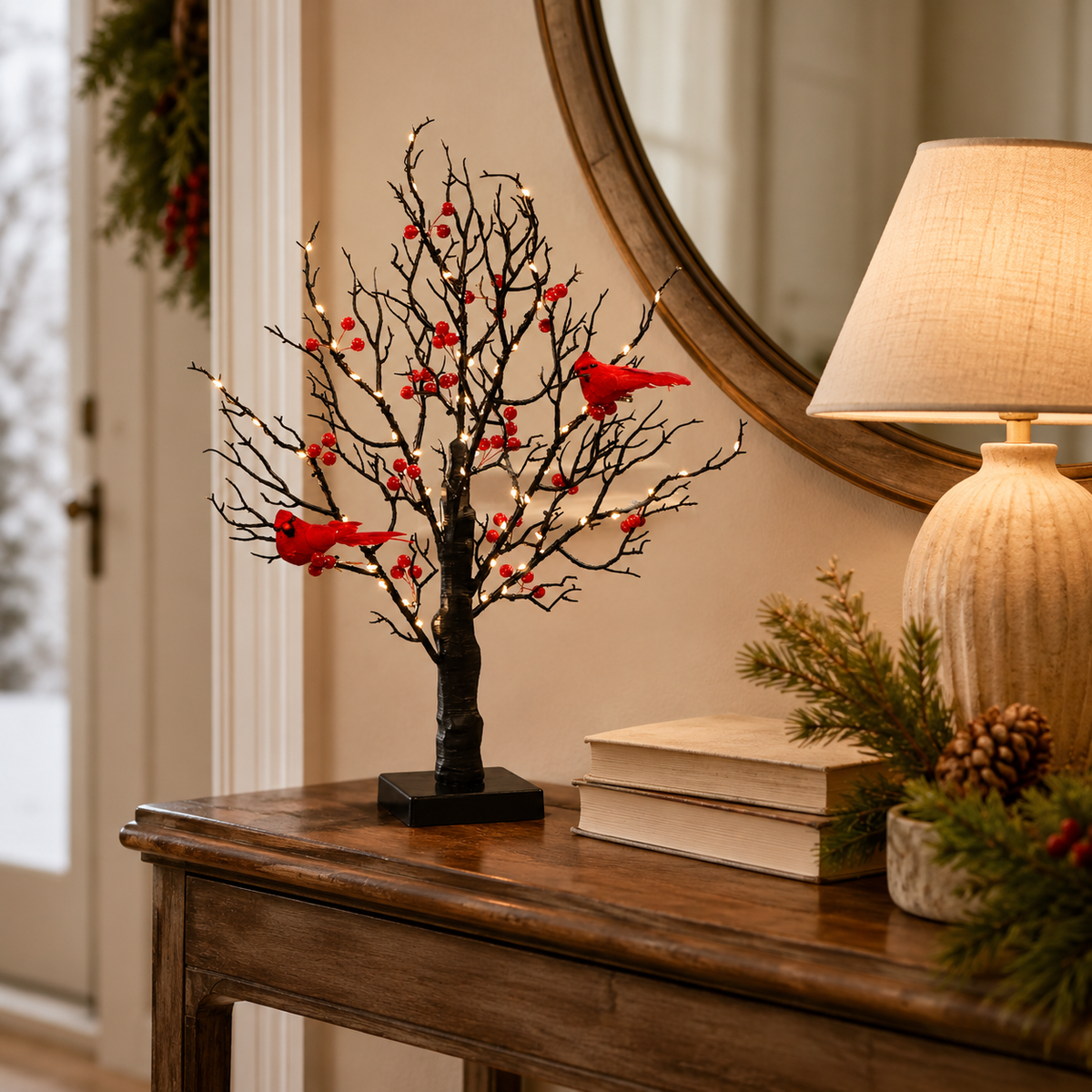 21 Inch Lighted Cardinal Berry Tree Decor, Winter Tabletop Tree for Christmas, Memorial Gifts, Bird Lovers, Mantel, Shelf and Home Decor