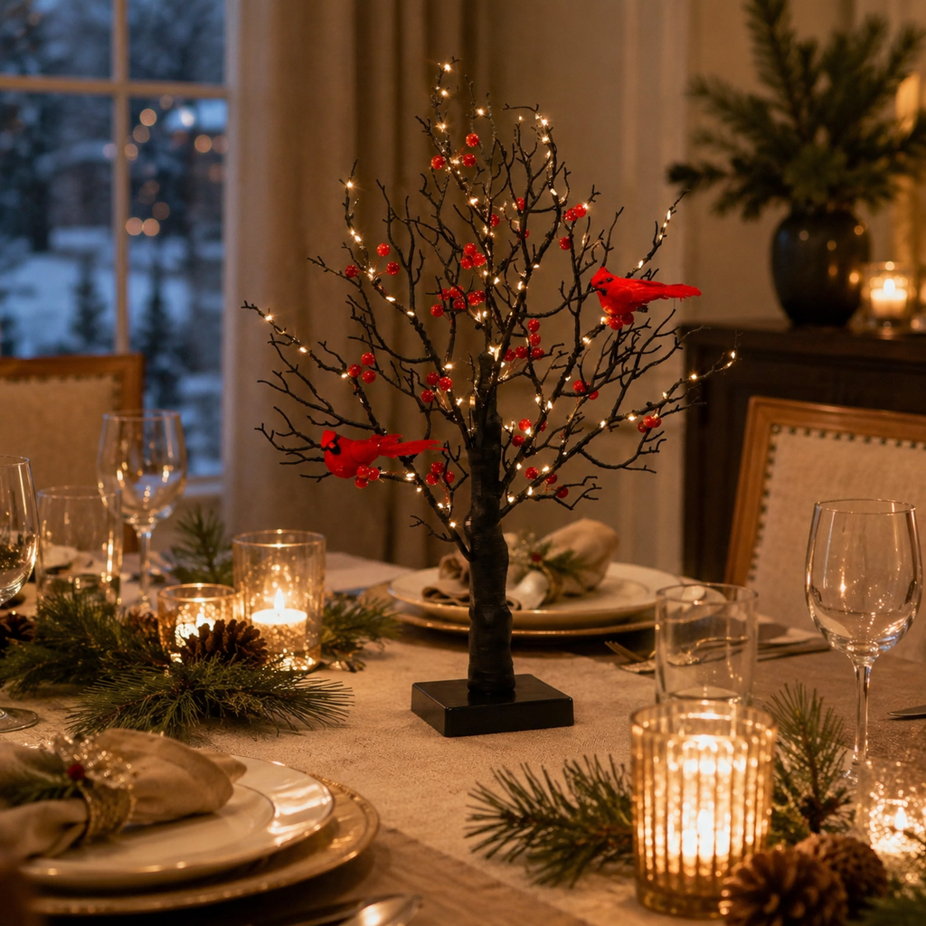 21 Inch Lighted Cardinal Berry Tree Decor, Winter Tabletop Tree for Christmas, Memorial Gifts, Bird Lovers, Mantel, Shelf and Home Decor