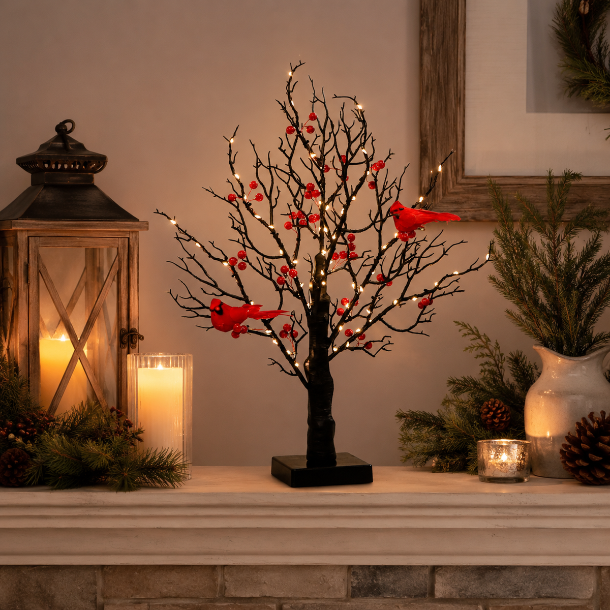 21 Inch Lighted Cardinal Berry Tree Decor, Winter Tabletop Tree for Christmas, Memorial Gifts, Bird Lovers, Mantel, Shelf and Home Decor