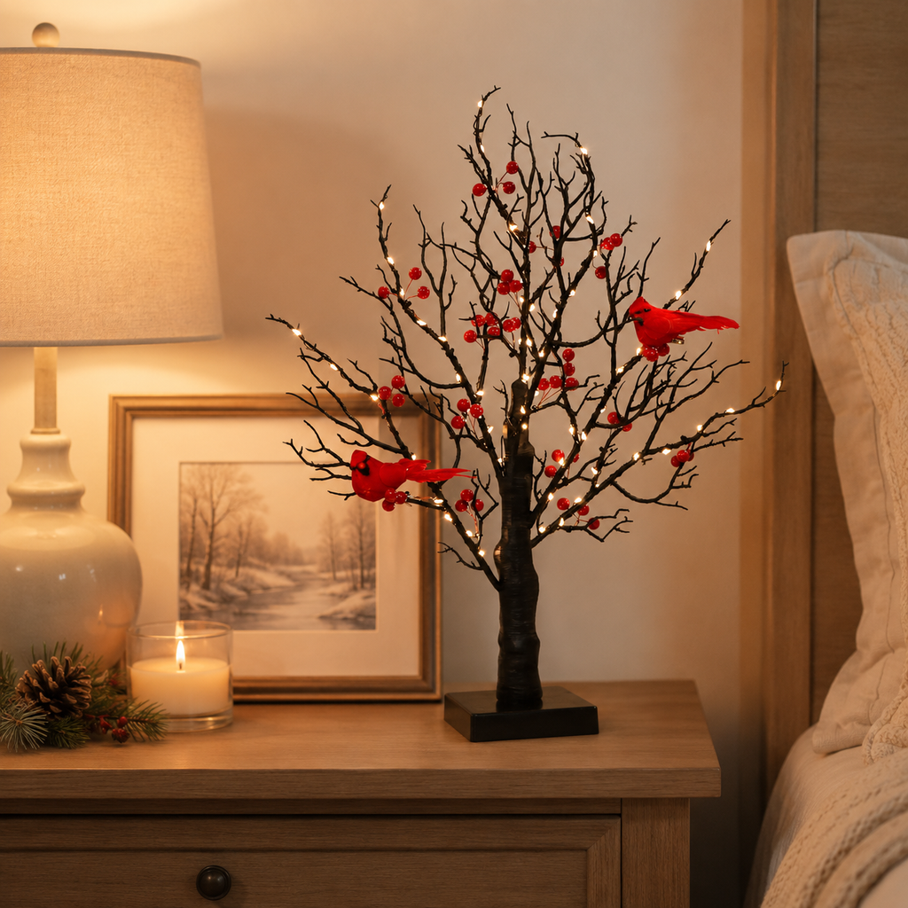 21 Inch Lighted Cardinal Berry Tree Decor, Winter Tabletop Tree for Christmas, Memorial Gifts, Bird Lovers, Mantel, Shelf and Home Decor
