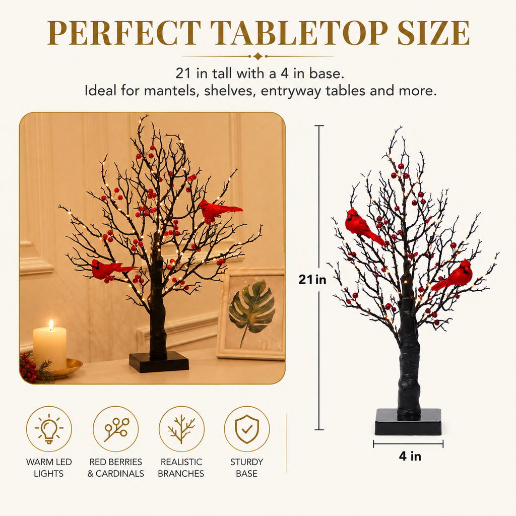 21 Inch Lighted Cardinal Berry Tree Decor, Winter Tabletop Tree for Christmas, Memorial Gifts, Bird Lovers, Mantel, Shelf and Home Decor