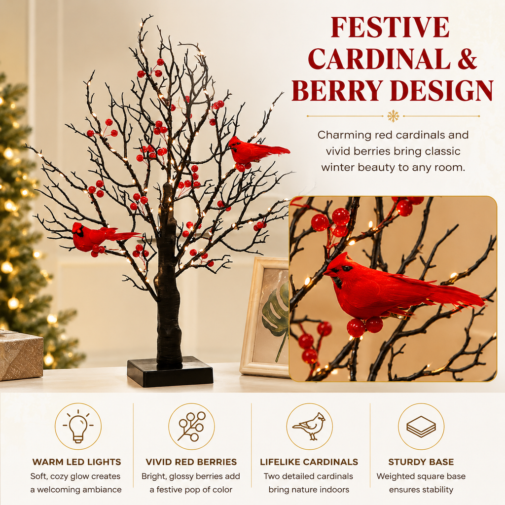 21 Inch Lighted Cardinal Berry Tree Decor, Winter Tabletop Tree for Christmas, Memorial Gifts, Bird Lovers, Mantel, Shelf and Home Decor
