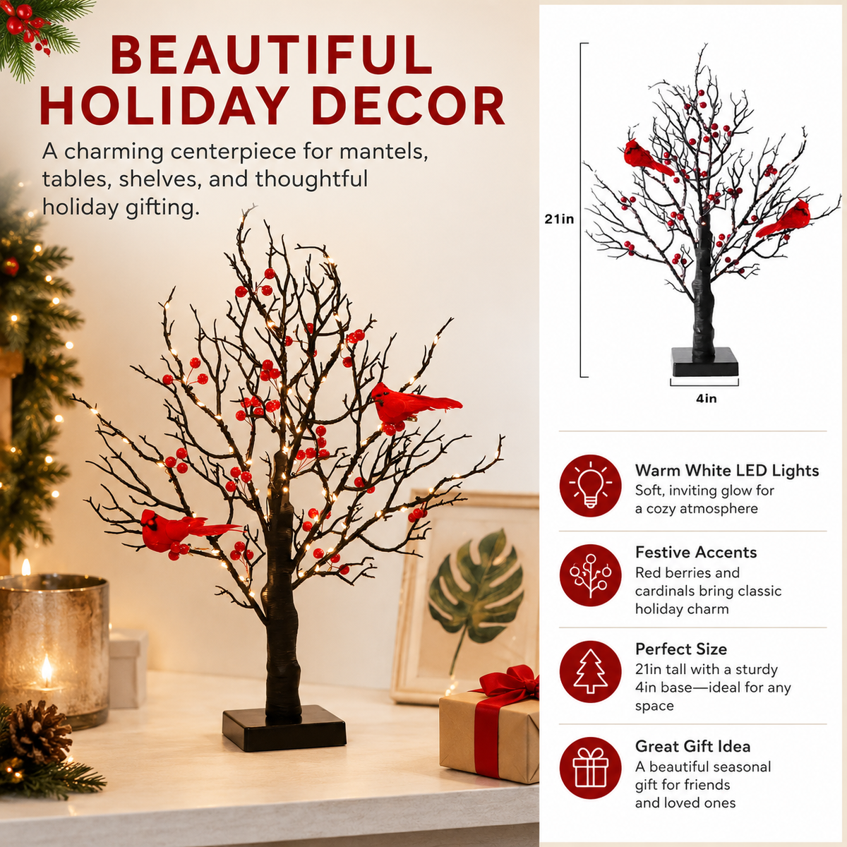 21 Inch Lighted Cardinal Berry Tree Decor, Winter Tabletop Tree for Christmas, Memorial Gifts, Bird Lovers, Mantel, Shelf and Home Decor