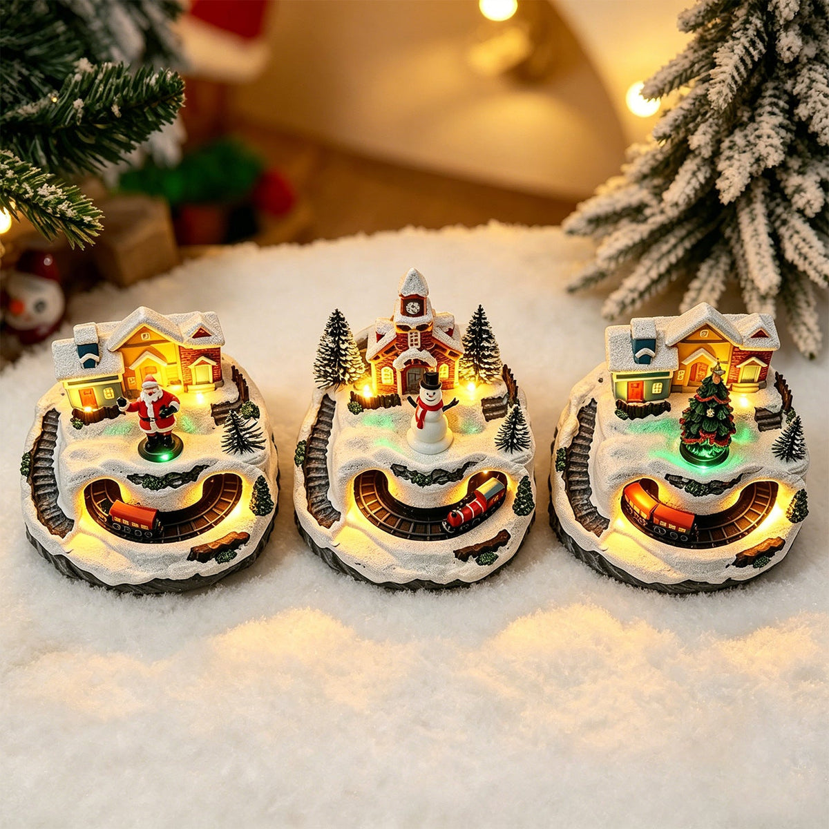Movable Christmas village with lights and snowman Yeouu