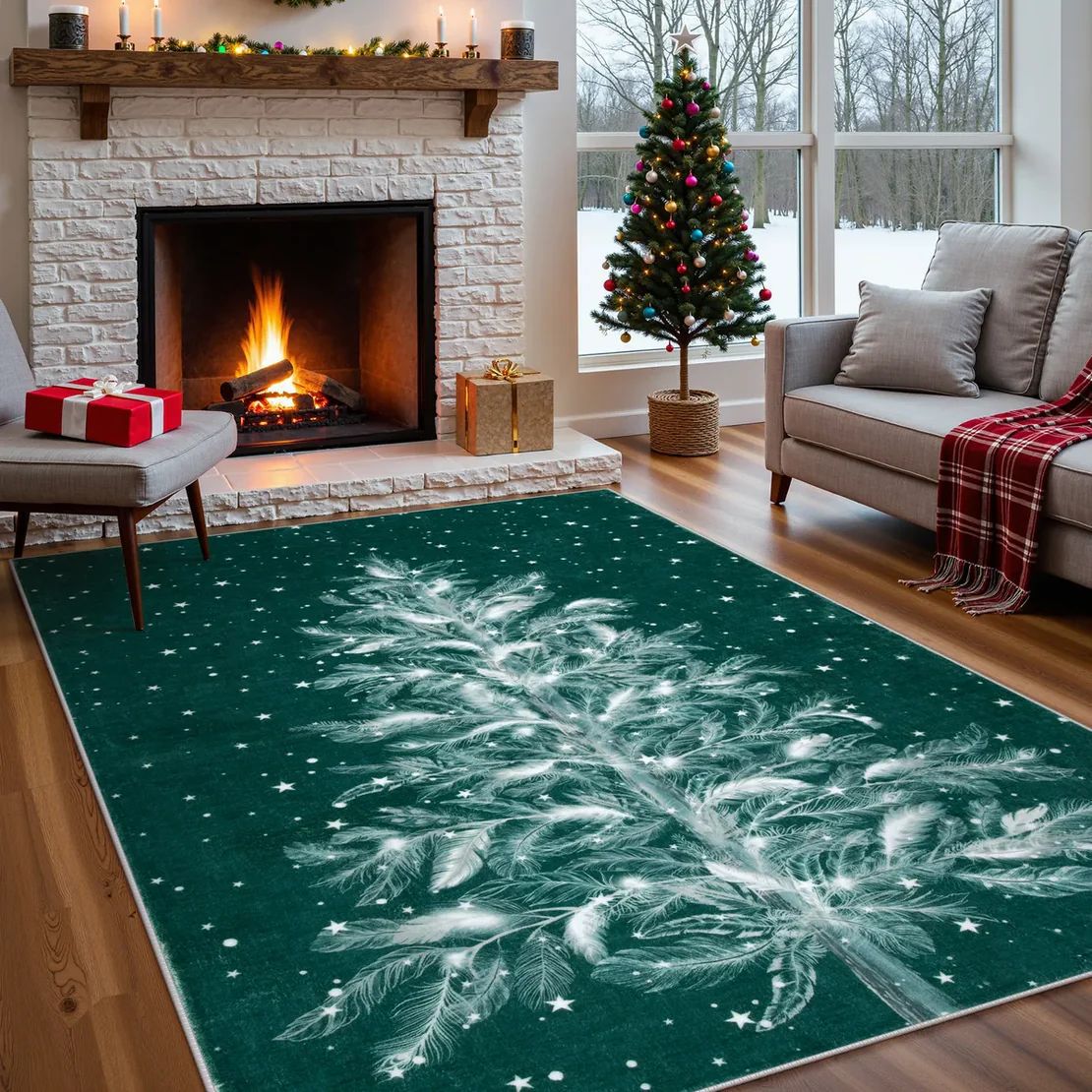 Yeouu | Christmas Rug - Crystal Velvet Living Room Bedroom Non-Slip And Stain-Resistant Rug