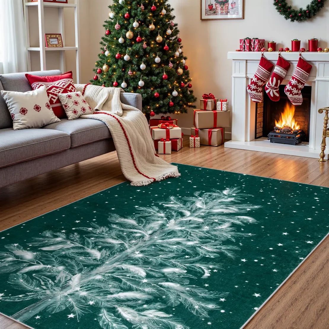 Yeouu | Christmas Rug - Crystal Velvet Living Room Bedroom Non-Slip And Stain-Resistant Rug
