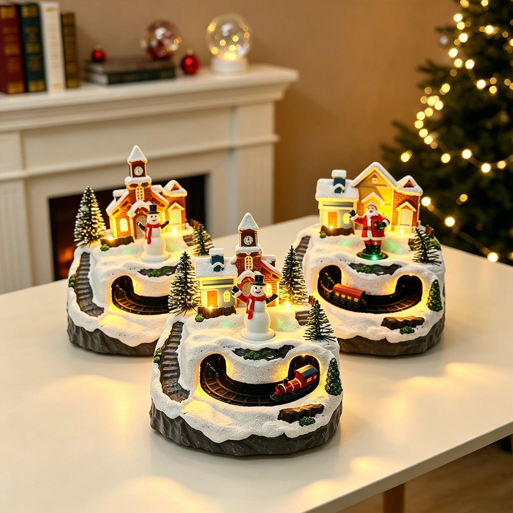 Movable Christmas village with lights and snowman Yeouu