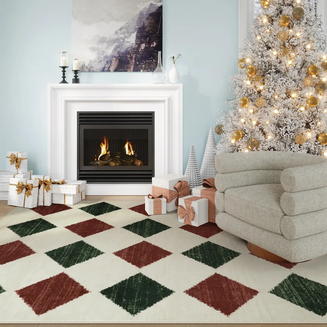 Yeouu | Christmas Rug - Crystal Velvet Living Room Bedroom Non-Slip And Stain-Resistant Rug