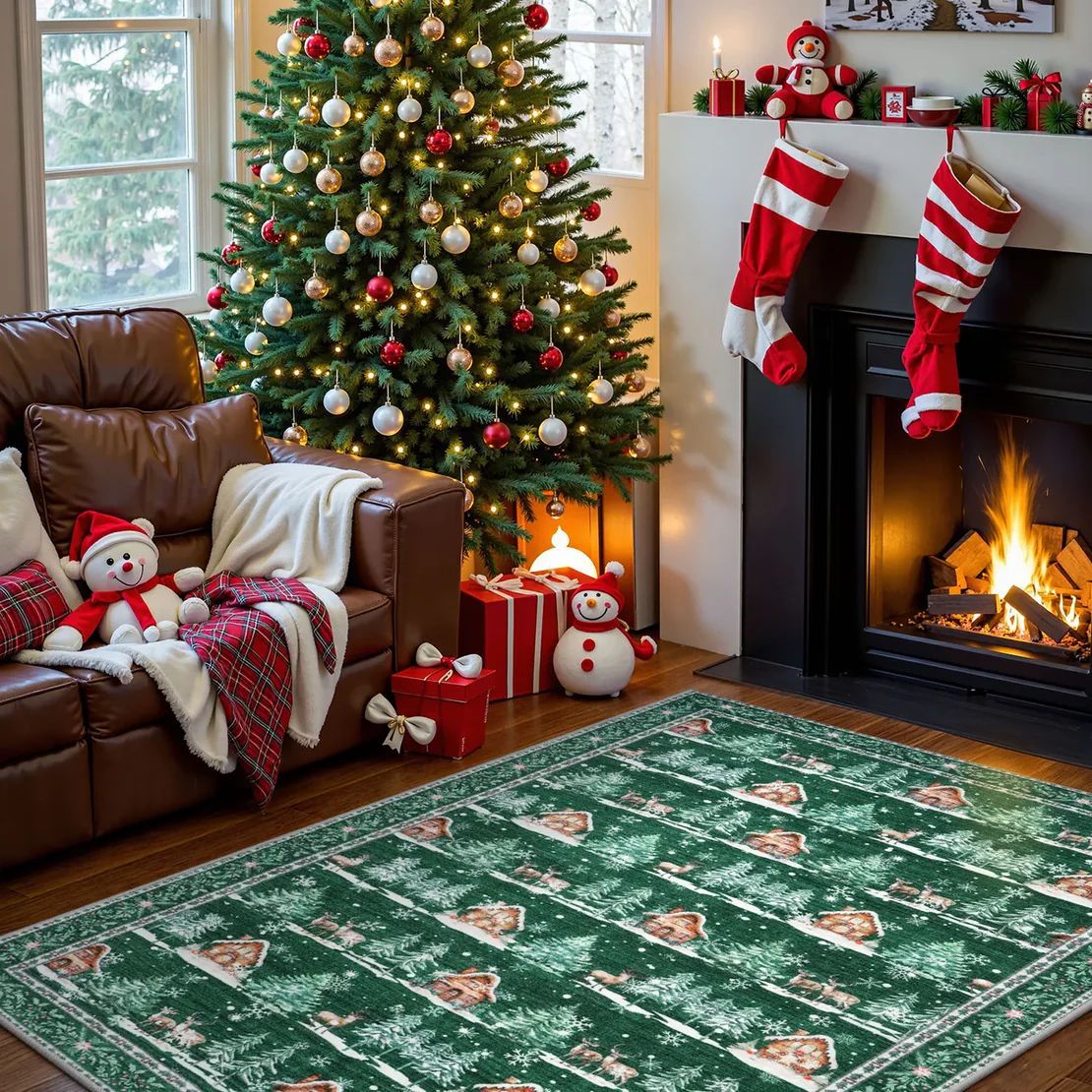 Yeouu | Christmas Rug - Crystal Velvet Living Room Bedroom Non-Slip And Stain-Resistant Rug