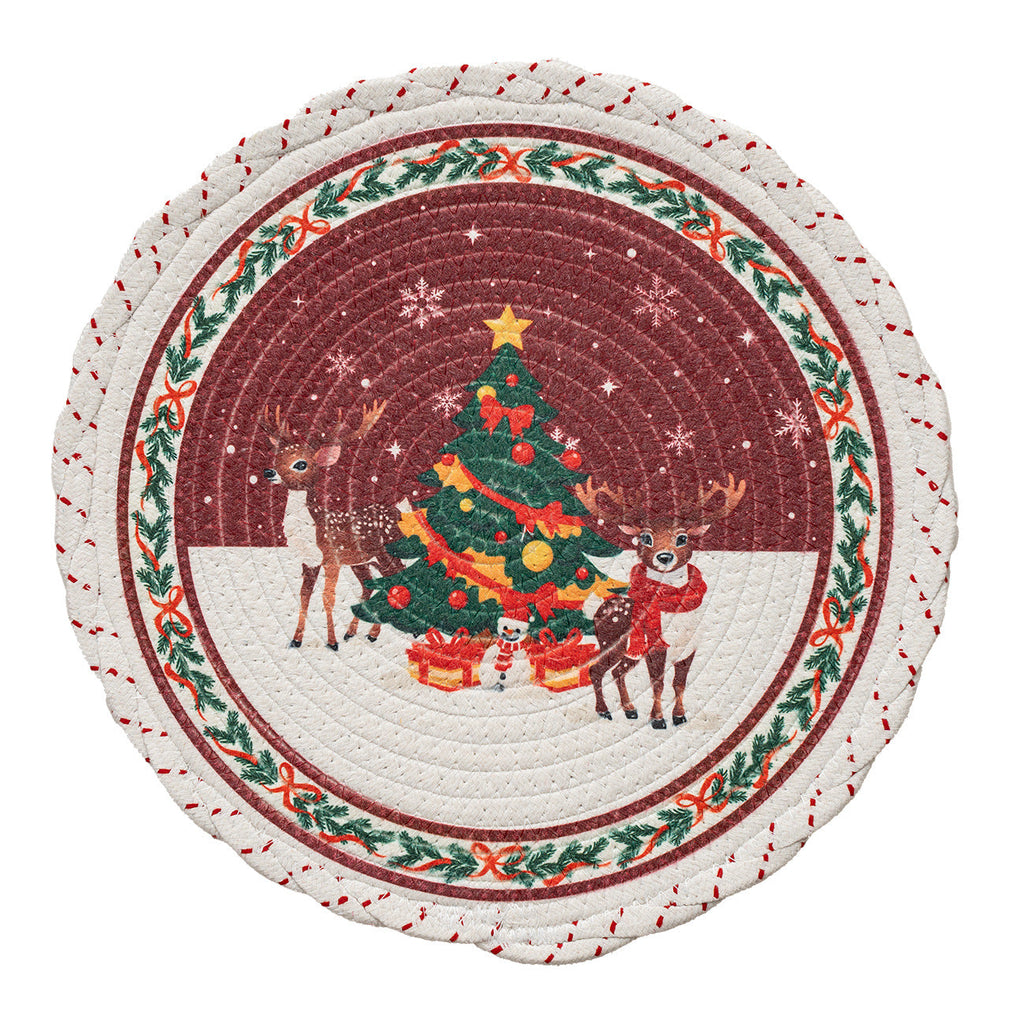 Braided round Christmas tree skirt made of cotton with quilted winter motif Yeouu