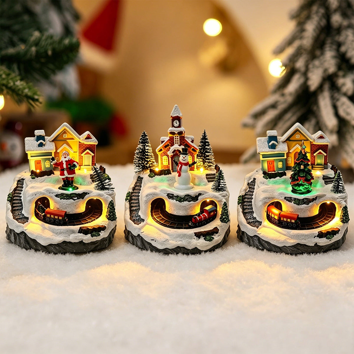 Movable Christmas village with lights and snowman Yeouu