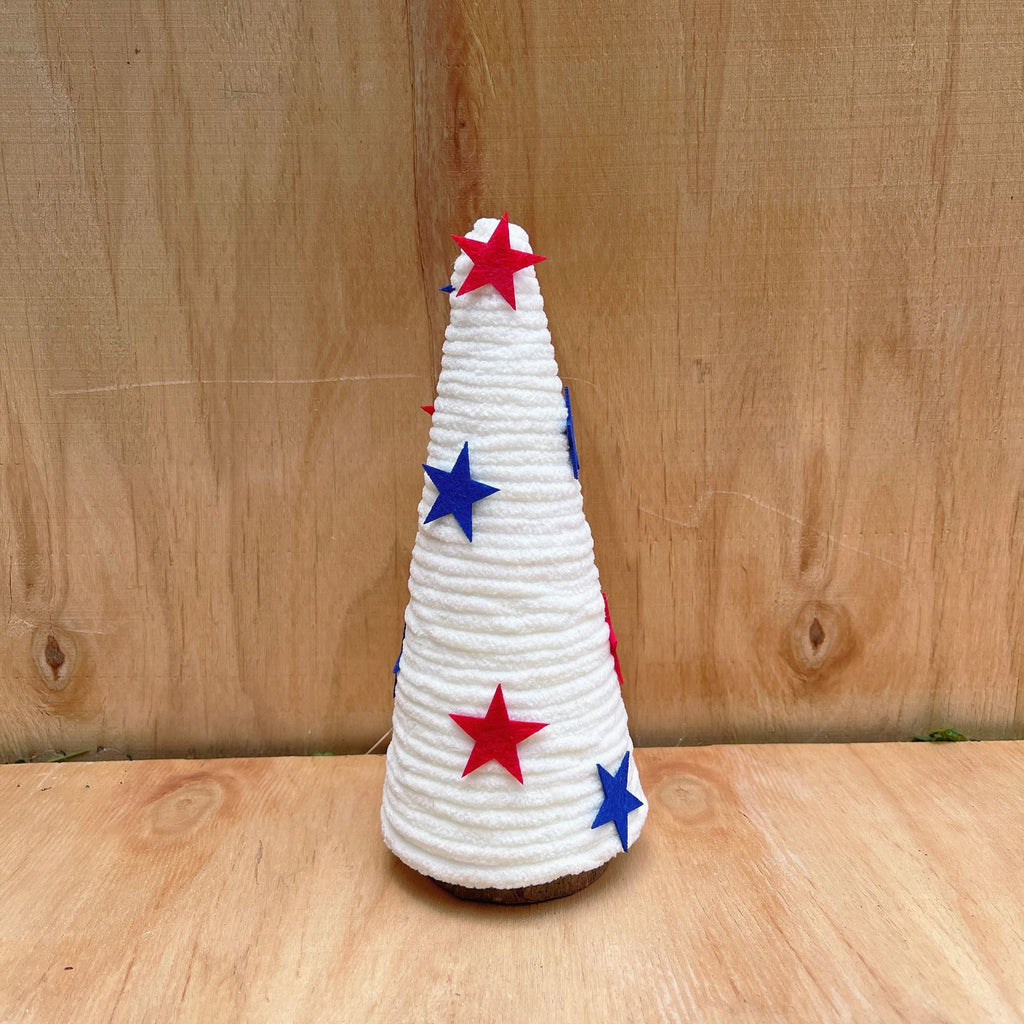 Unisex decorative table top Christmas tree made of felt and knitted structure with star appliqués Yeouu