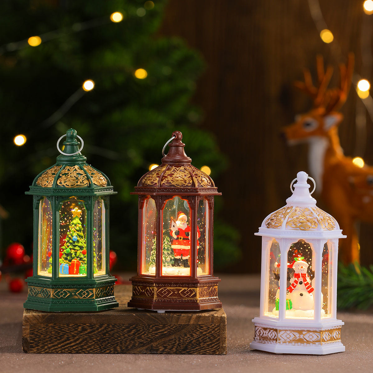 Decorative LED Lantern with Christmas Figurine Yeouu
