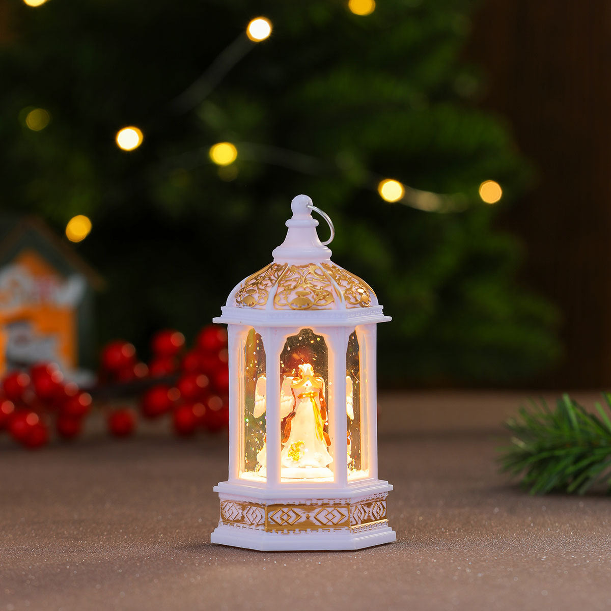 Decorative LED Lantern with Christmas Figurine Yeouu