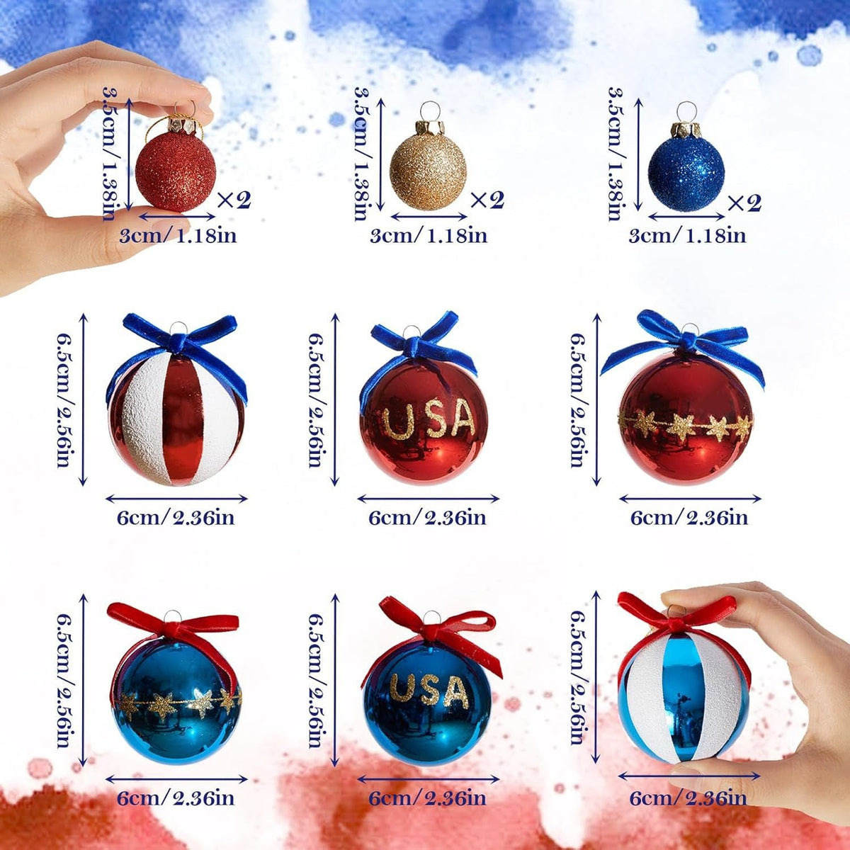 Unisex nan Christmas tree ornaments set in Americana style with glitter decoration and satin ribbon, shatterproof plastic ornaments Yeouu