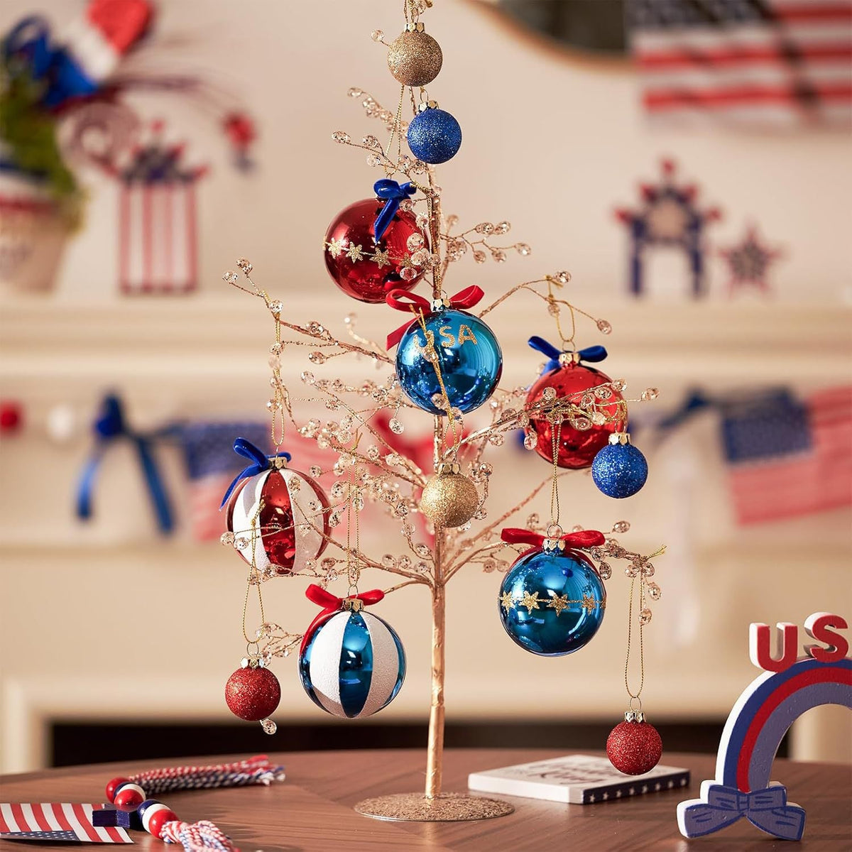 Unisex nan Christmas tree ornaments set in Americana style with glitter decoration and satin ribbon, shatterproof plastic ornaments Yeouu