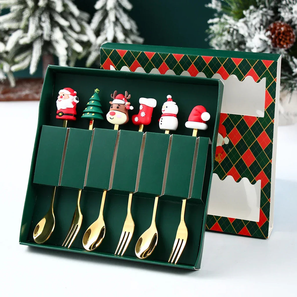 Yeouu | GoldParty Christmas Cutlery Set – Luxury Gold Spoon and Fork with Santa Claus Design