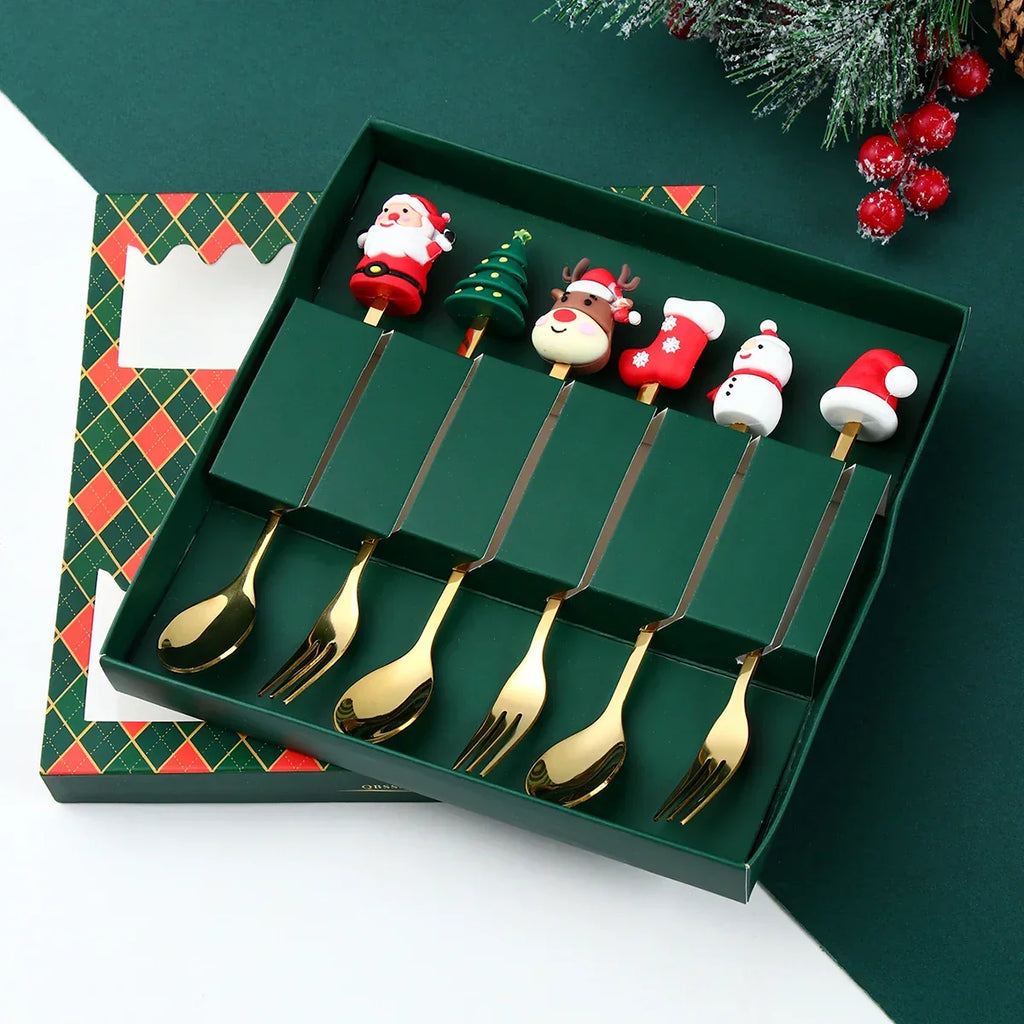 Yeouu | GoldParty Christmas Cutlery Set – Luxury Gold Spoon and Fork with Santa Claus Design