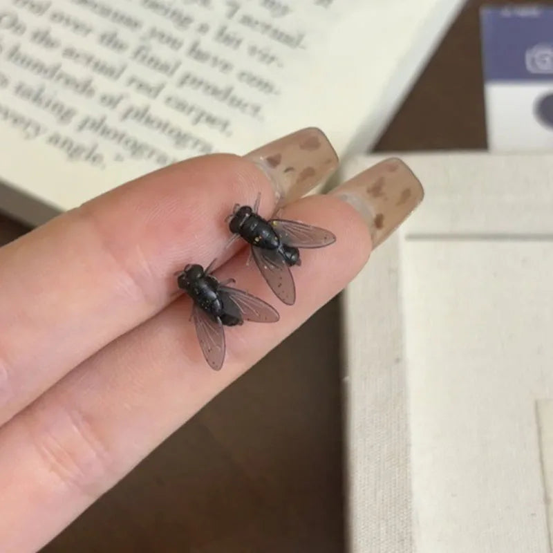 Funny Black Fly Stud Earrings
