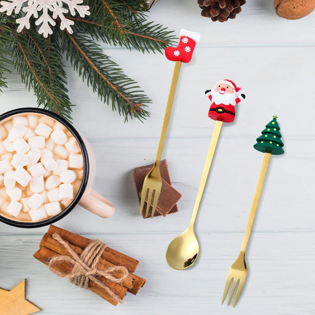 Yeouu | GoldParty Christmas Cutlery Set – Luxury Gold Spoon and Fork with Santa Claus Design