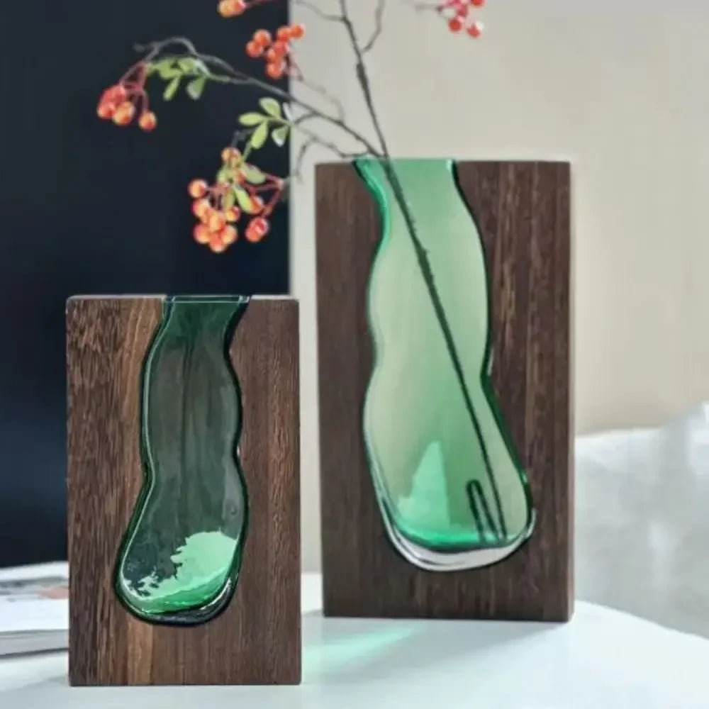 Geometric Wooden Glass Accent Flower Vase