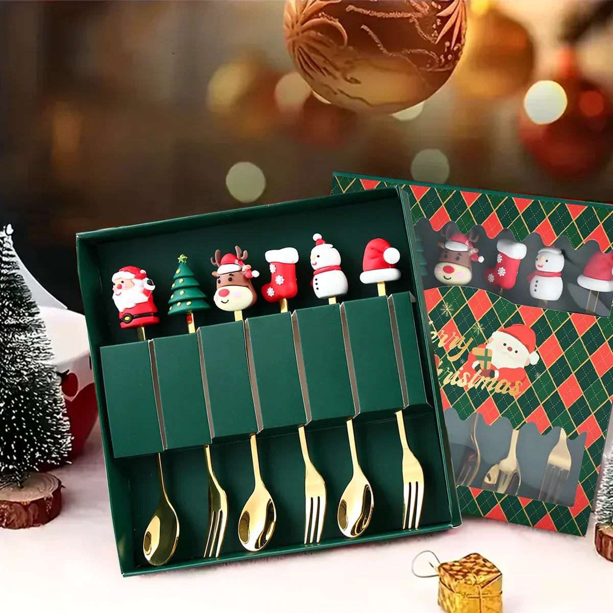 Yeouu | GoldParty Christmas Cutlery Set – Luxury Gold Spoon and Fork with Santa Claus Design